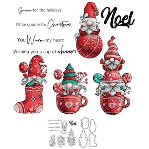 Gnomi di Natale, tazze da calza, gnomo per le feste che ti augura una tazza di brindisi, fustelle in metallo per Natale, timbri trasparenti, biglietti artigianali