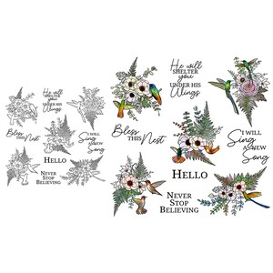 Les fleurs de colibris bénissent ce nid, il vous abritera sous ses ailes, n'arrêtez jamais d'y croire Tampons transparents Scrapbooking, création de cartes