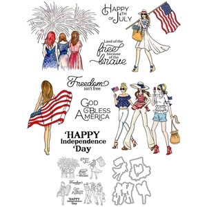 Joyeuse fête de l'indépendance du 4 juillet, femme, terre libre à cause des courageux Matrices de découpe en métal Tampons transparents Cartes artisanales