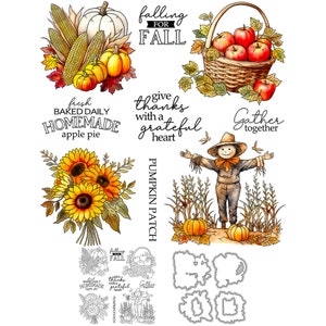Automne épouvantail tournesols citrouilles pommes se réunissent pour remercier matrices de découpe en métal tampons transparents scrapbooking fabrication de cartes artisanat