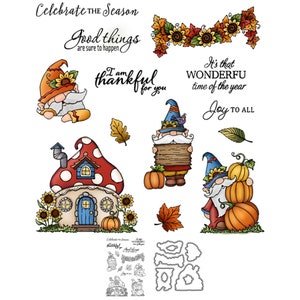 Otoño, gnomos, casa de setas, hojas de calabaza, gracias por ti, alegría a todos los troqueles de corte de Metal, sellos transparentes, fabricación de tarjetas artesanales