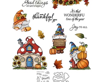 Autumn Fall Gnomes Mushroom House Pumpkins Leaves Thank For You Joy To All Metal Cutting Dies Clear Stamps Card Making Craft