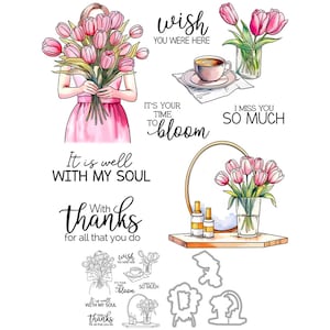 Mujer tulipán flores café es tu momento de florecer te extraño mucho gracias troqueles de corte de Metal sellos transparentes tarjeta artesanal