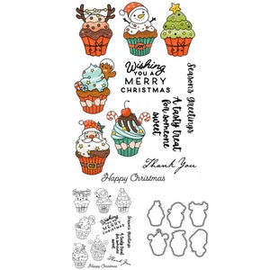 Cupcakes de Noël Père Noël Bonhomme de neige Renne Pain d'épice Meilleurs voeux de Noël Matrices de découpe en métal Tampons transparents Fabrication de cartes Artisanat