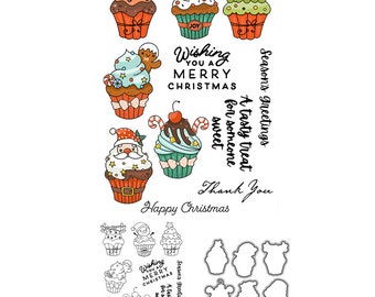 Christmas Cupcakes Santa Snowman Reindeer Gingerbread Season's Greetings Metal Cutting Dies Clear Stamps Card Making Craft
