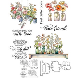 Fiori, barattoli, lattine, circondandoti con amore per un caro amico, fustelle in metallo, timbro trasparente, creazione di biglietti, artigianato