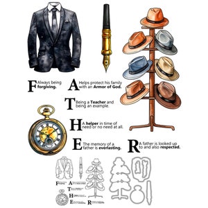 Abito per la festa del papà, cappelli, orologio da tasca, acrostico del padre, poesia, fustelle in metallo, timbri trasparenti, album di ritagli, creazione di biglietti, artigianato
