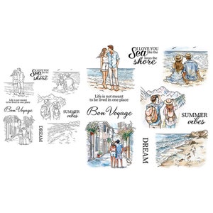 Pareja viajera, buen viaje, te amo como el mar, ama la orilla, vibraciones de verano, sellos transparentes, tarjeta artesanal