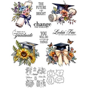 Flores de graduación Diploma de birrete El futuro es brillante Cambiar el mundo Lookin Vestido de birrete fino Troqueles de corte de metal Sellos transparentes Fabricación de tarjetas artesanales