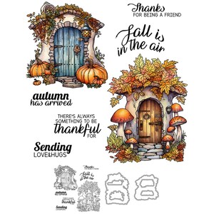 El otoño ha llegado Puerta Calabazas Setas Hojas El otoño está en el aire Gracias por ser un amigo Troqueles de corte de metal Sellos transparentes Tarjeta artesanal