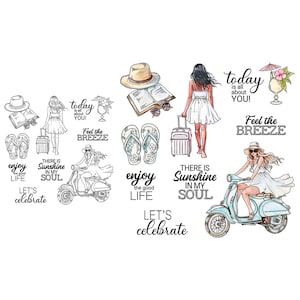 Mujer viajera ciclomotor siente la brisa disfruta de la buena vida hay sol en mi alma sellos transparentes tarjeta artesanal