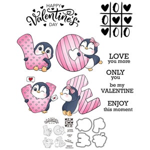 Pingouin de la Saint-Valentin, l'amour seulement vous, profitez de ce moment Soyez ma Saint-Valentin Matrices de découpe en métal Tampons transparents Fabrication de cartes Artisanat
