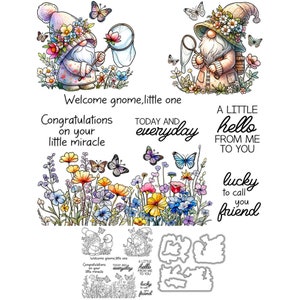 Fiori primaverili, gnomi, retini per farfalle, gnomo di benvenuto, piccolo, fustelle in metallo, timbri trasparenti, album di ritagli, creazione di biglietti, artigianato