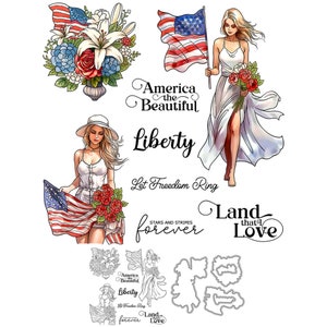 Feliz Día de la Independencia, bandera de mujer, flores americanas, el hermoso anillo Let Freedom, troqueles de corte de Metal, sellos transparentes, tarjeta artesanal