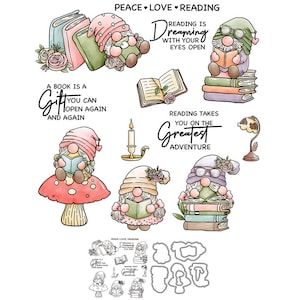 Gnomes lisant des livres Peace Love Reading Rêver, c'est lire les yeux ouverts Matrices de découpe en métal Tampons transparents Scrapbooking Fabrication de cartes artisanales