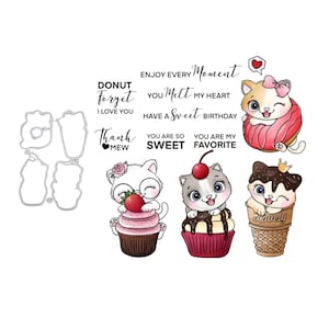 Fustelle in metallo con cupcake e dolci, timbri trasparenti, album di ritagli, biglietti e artigianato