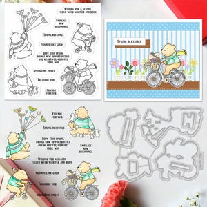 May include: A collection of spring-themed stamps and dies featuring cartoon bears. The bears are depicted with balloons, riding bicycles, and carrying flowers. Text includes "Spring Blessings", "Friends Forever", and other sentiments.
