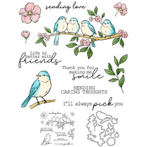 Oiseaux Fleur Branche La vie est meilleure avec des amis Merci de me faire sourire Matrices de découpe en métal Tampon transparent pour fabrication de cartes