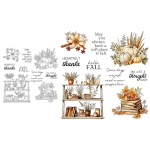 Citrouilles d'automne, anis étoilé, je ne suis pas loin de mes pensées, merci du fond du coeur, bonjour, tampons transparents d'automne, création de cartes de scrapbooking