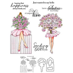 Femme tenant des roses estampées avec amour en espérant que le bonheur vous trouve toujours Matrices de découpe en métal Tampons transparents pour cartes