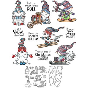 Gnomos navideños, elfos, trineo, esquí, Let The Good Times Roll, Let It Snow Everywhere, troqueles de corte de Metal, sellos transparentes, fabricación de tarjetas artesanales