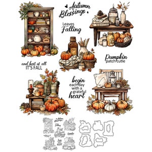 Bénédictions d'automne Patch citrouille d'automne Les feuilles mignonnes qui tombent commencent chaque jour avec un coeur reconnaissant Matrices de découpe en métal Tampons transparents Création de cartes