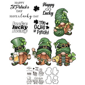Gnomes lutins de la Saint-Patrick trop mignons pour être pincés Matrices de découpe en métal Happy Go Lucky Tampons transparents Scrapbooking Fabrication de cartes artisanales