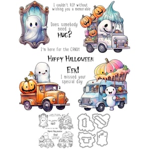 Buon Halloween, simpatico camioncino di caramelle fantasma. Non potevo non augurarti un memorabile Halloween. Fustelle in metallo, timbri trasparenti, biglietti artigianali.