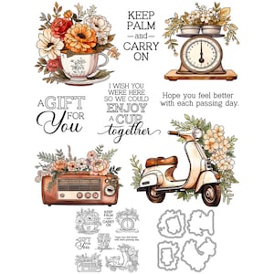 Tazza di fiori, scooter, radiosveglia, vorrei che tu fossi qui così potremmo goderci una tazza insieme, fustelle in metallo, timbro trasparente, creazione di biglietti