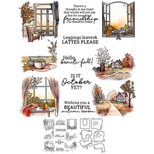 Fenêtre Paysage d'automne Hello Beauti-Automne Leggings Feuilles et cafés au lait s'il vous plaît Est-ce octobre encore Matrices de découpe en métal Tampons transparents Création de cartes