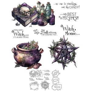 Bottiglie di libri di incantesimi con calderone di strega di Halloween, Witch Please My Best Witchies, fustelle in metallo, timbri trasparenti, biglietti d'auguri