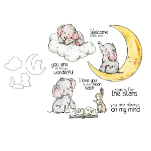 Troqueles de corte de Metal con diseño de elefante bebé soñoliento en nubes lunares, sellos transparentes, tarjetas artesanales