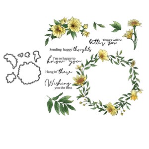 Couronne de fleurs florales printanières Matrices de découpe en métal, heureux de vous connaître, tampons transparents