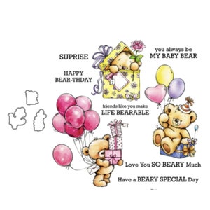 Happy Birthday Bears Bear-Thday Beary - Troqueles de corte de metal especiales, juego de sellos transparentes