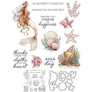Sirène poisson coquillages en vous souhaitant des océans de bonheur mers le jour Matrices de découpe en métal tampon transparent fabrication de cartes artisanat
