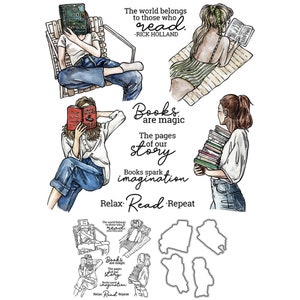 Femmes lisant se détendre lire répéter les livres sont des livres magiques étincelle imagination matrices de découpe en métal tampons transparents scrapbooking fabrication de cartes artisanat