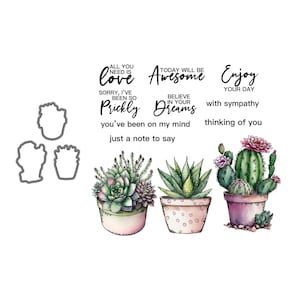 Troqueles de corte de Metal espinosos, plantas suculentas de cactus en maceta de jardín, sellos transparentes