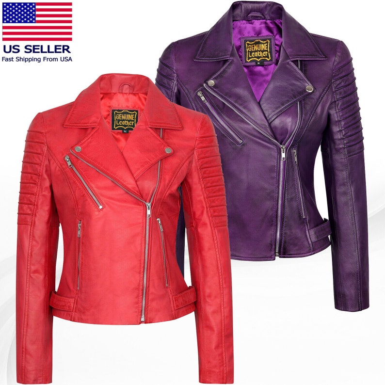 Womens Motorcycle Biker Real Leather Jacket Lambskin Leather Top Slim Fit S3XL Etsy