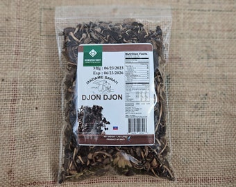 May include: A brown paper bag filled with dried mushrooms labeled "MADAME SARAH DJON DJON" with a nutrition facts label and a manufacturing date of 06/23/2023 and an expiration date of 06/23/2026. The bag is labeled as a product of Haiti.