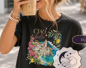 Ciao Bella Crop Tee, Amalfikustenskjorta, Italiensk sommarcrop top, estetisk europeisk sommartröja, Italiensk semestergrafikskjorta