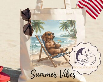 Tax strandväska, sommarvibbar, wienerhundväska, hundmamma strandväska, kustsommarväska, söt semestertygväska