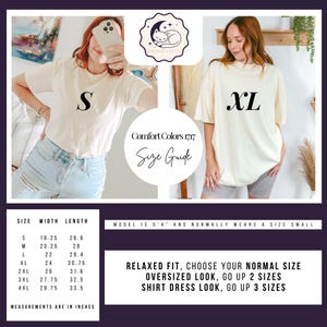 May include: Cream-colored Comfort Colors 1717 t-shirts with black size labels, S and XL, are modeled. A size guide shows measurements in inches, with a model wearing a size small. The text reads: "Relaxed fit, choose your normal size."