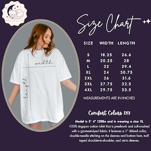 May include: White t-shirt with a size chart, featuring measurements in inches. The chart lists sizes S to 4XL, with corresponding width and length dimensions. The shirt is made of 100% ringspun cotton and has a ribbed collar.