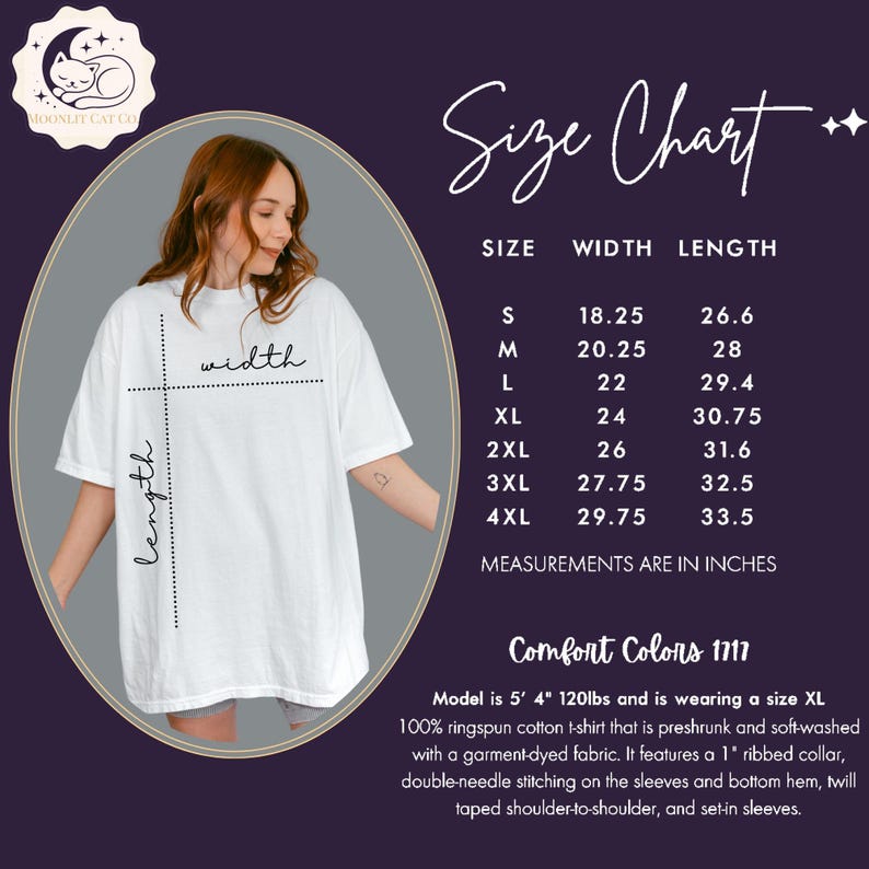May include: White t-shirt with a size chart, featuring measurements in inches. The chart lists sizes S to 4XL, with corresponding width and length dimensions. The shirt is made of 100% ringspun cotton and has a ribbed collar.