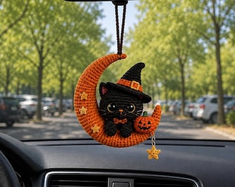 Crochet Black Cat Car Charm, Halloween Rearview Mirror Ornament, Witch Hat Cat on Moon, Handmade Amigurumi Car Decor Gift