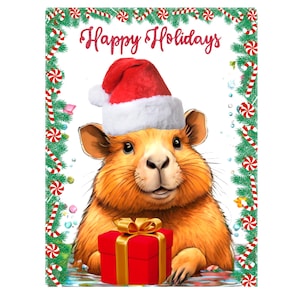 Grazioso biglietto di auguri natalizio a forma di capibara con calorosi auguri per le feste, busta inclusa, biglietto monofacciale e retro bianco per scrivere.