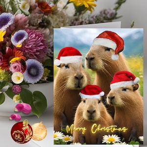 Bellissimi biglietti di auguri natalizi per la famiglia Capybara con calorosi auguri per le feste, buste incluse, 5 biglietti/confezione o 3,79/biglietto. 5"x7".