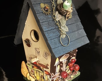 Handmade Decorative Birdhouse - Whimsical Garden Birdhouse Art - Unique Garden Decor - One of a Kind Birdhouse - Mushroom Enchantment