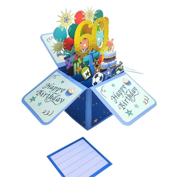 Blue Birthday Pop Up Box Card 60th Birthday 3D Pop Up Greeting Card