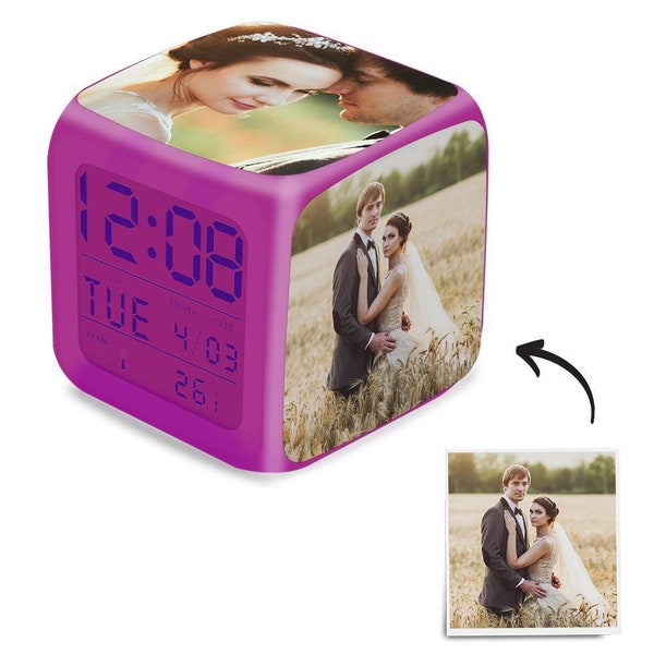 Custom 4 Photo | Personalized Seven Colorful Lights Multi-Photo Alarm Clock | For Bedroom | Couple Gift | Mothers' Day Gift | Fathers' Day